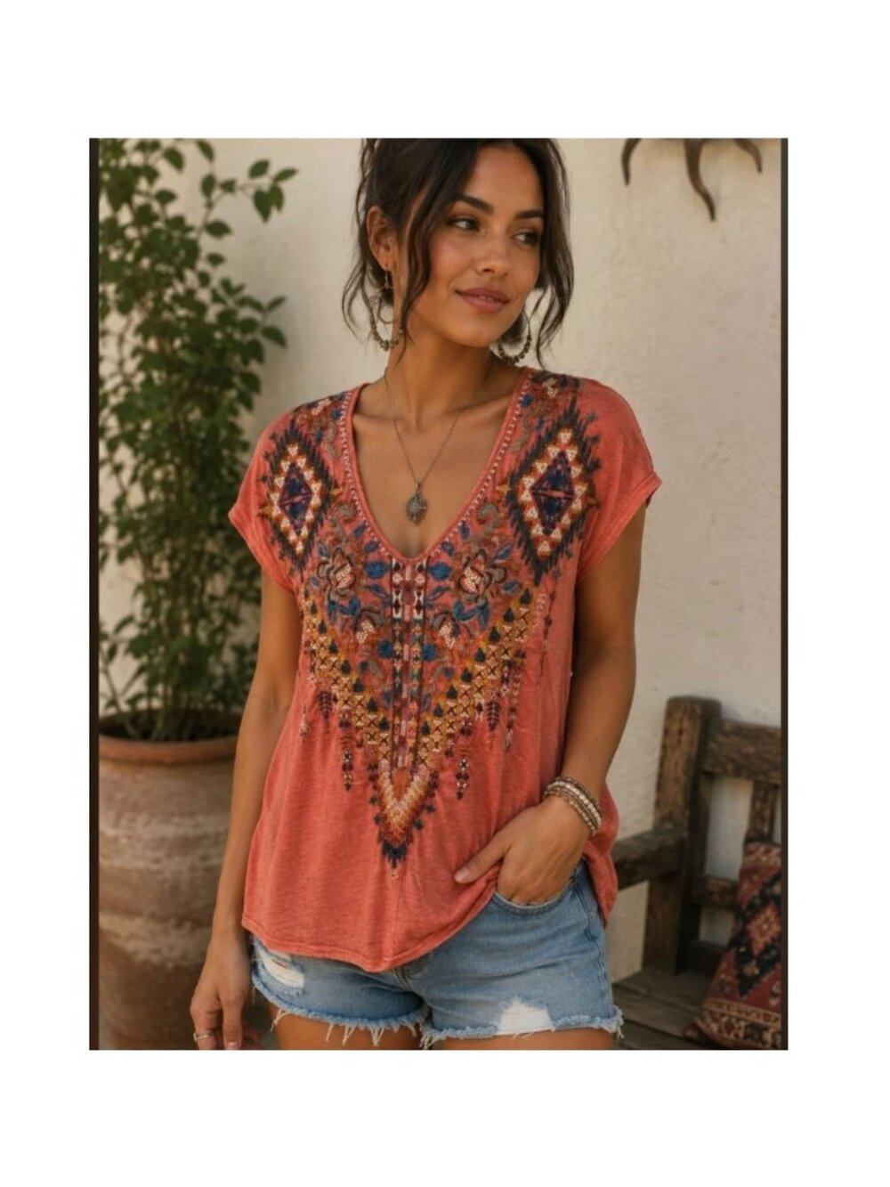 Johnny Was Embroidered Terracotta Cap Sleeve V-Neck Tee Shirt Top S